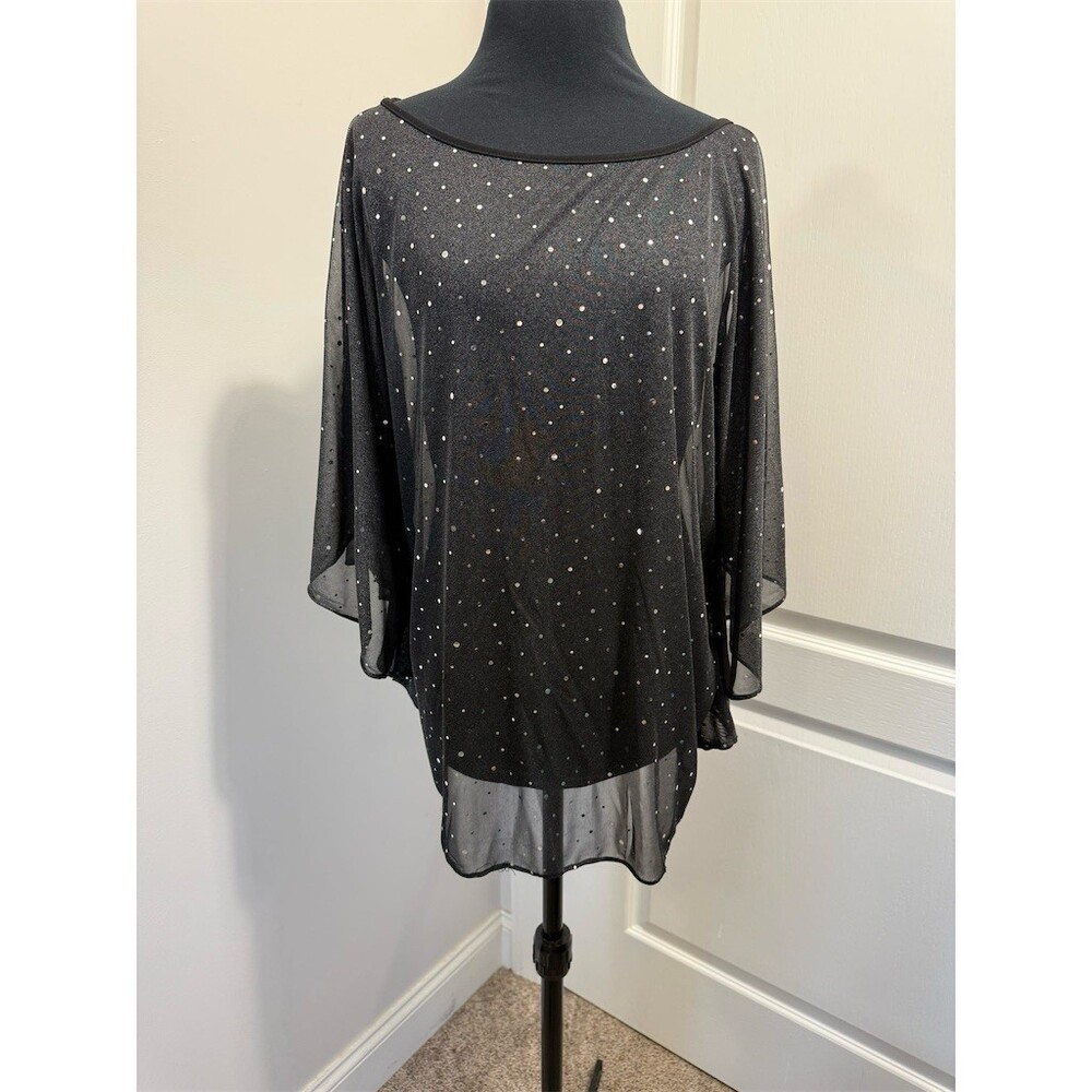 Perceptions New York Blouse Womens Size 12 Black Sheer Sequin Dot Tunic sku590